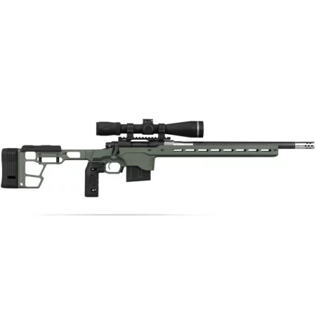 A rifle with a shorter barrel in a green ACC Premier Gen 2, highlighting the shorter forend.