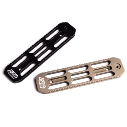 A pair of arcalock M-Lok rails in black and FDE