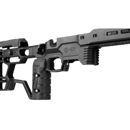 A close up view of the right hand side of the MDT ACC Elite chassis, showing parts of buttstock, forend, and the middle of the chassis