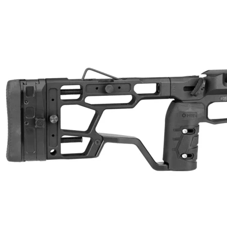 A side profile view of the MDT SRS-X Elite buttstock without the cheekpiece , showing the allen wrenches included with the chassis