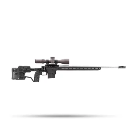 A picture of a rifle in a black MDT ACC Elite Chassis, outfitted with a Vortex Razor optic.