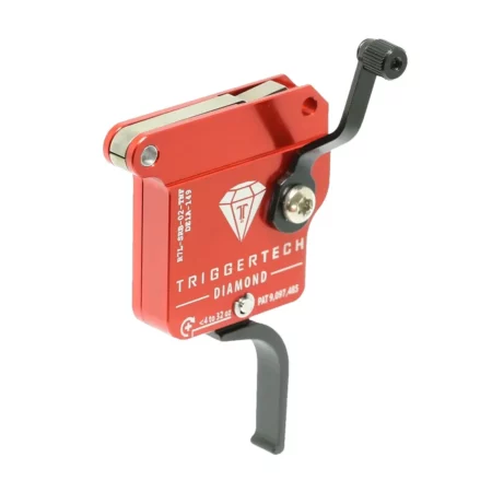 Front quarter view of the safety side of a left hand diamond trigger with flat shoe