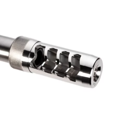 Close up view of the Hellfire Match Brake in Stainless Steel on a barrel