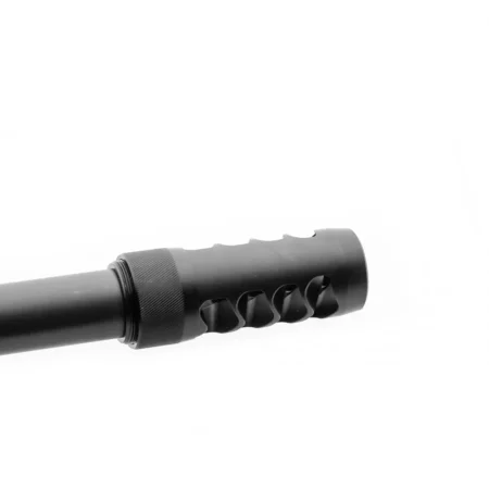 A close up view of the Hellfire Match Brake in Black Nitride mounted on a barrel