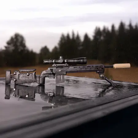 A picture of a rifle in a KRG Bravo sitting on a truckbed.