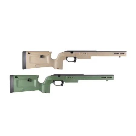A side view of a pair of Bravo chassis' in FDE and Sako Green