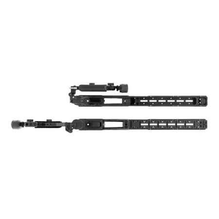 A top and bottom view of the Whiskey 3 Pro. One chassis has the buttstock folded, the other, extended