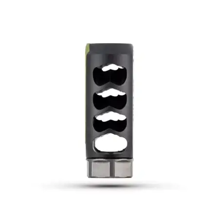 A vertical side view of the comp brake showing the shape of the gas ports