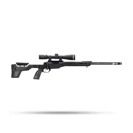 A rifle in a HNT26 Chassis in black carbon fiber. The rifle has a Leupold scope and carbon fiber barrel