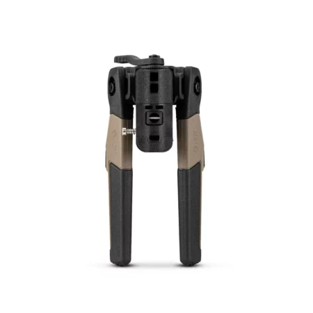 Top view of the swivel stud version of an Oryx bipod in FDE