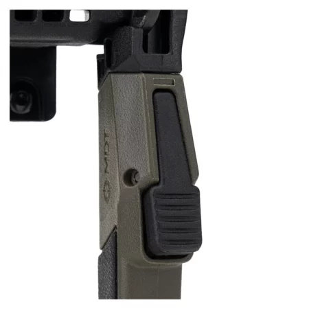 A close up of the button to extend the legs on an Oryx Bipod