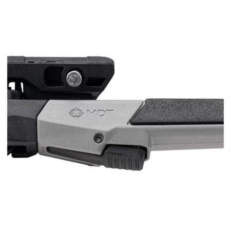 Close up of the MDT Logo on a Gray Oryx Bipod