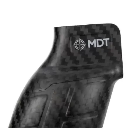 Close up of the MDT logo on the carbon fiber pistol grip