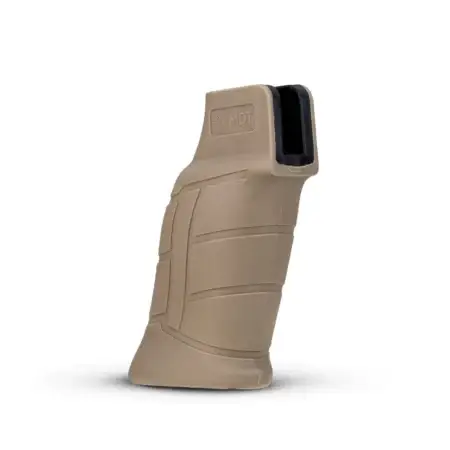 Quarter view of a pistol grip elite in FDE
