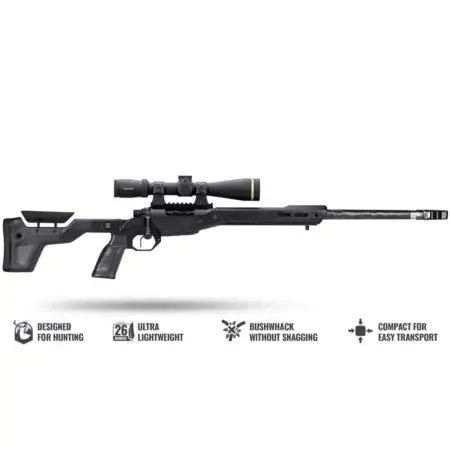 A rifle in a black carbon fiber HNT26 Chassis. The image contains marketing text below the rifle