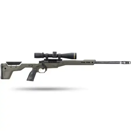 A rifle with leupold scope and carbon fiber barrel in a cobalt green HNT26 Chassis