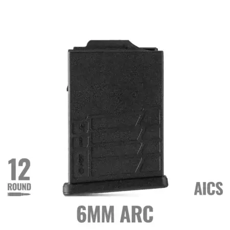 Polymer AICS 6 ARC Mag with marketing text, 12 rounds