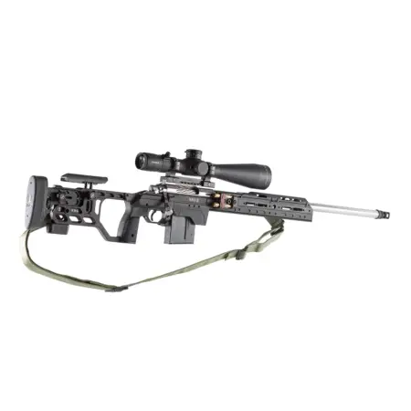 A rifle in a Whiskey 3 Pro on a white background