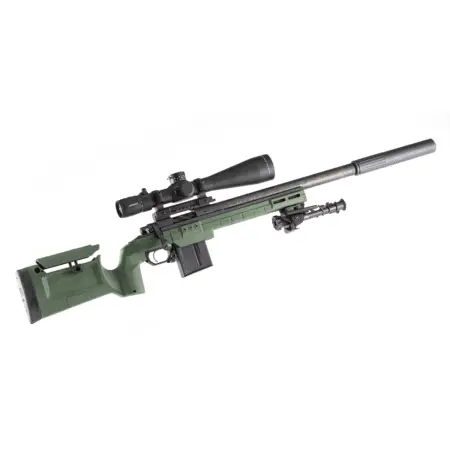 A rifle with a carbon fiber barrel in a Sako green KRG Bravo Chassis