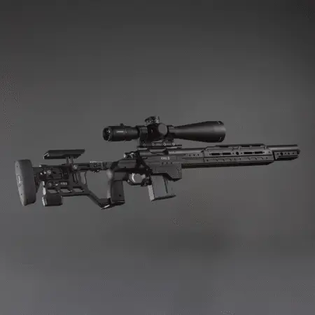 A rifle in a Whiskey 3 Pro chassis on a dark gradient background