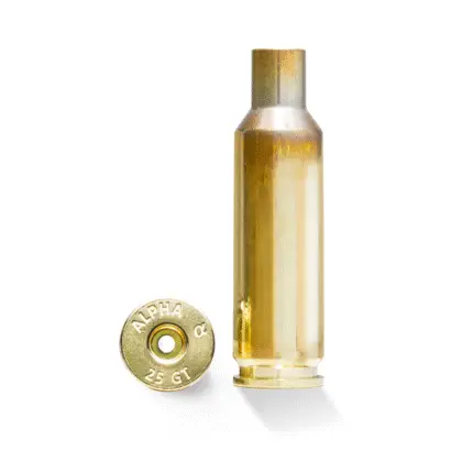 Alpha 25 GT Brass standing vertically, with another angle showing the head stamp