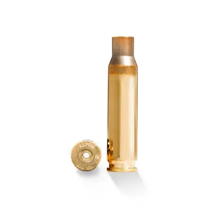 Image of a piece of Alpha 308 SRP Brass standing up, along with a shot of the case head.