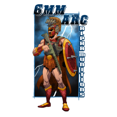 A custom designed sticker for the 6mm ARC Brass, depicting the solider Ares.