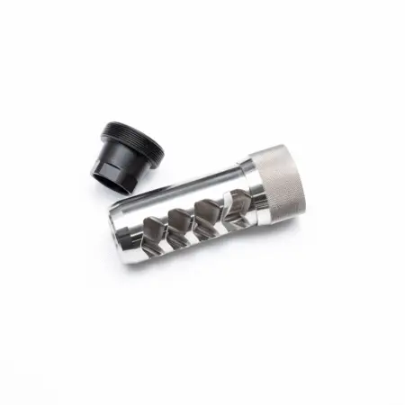 A stainless steel finish Sidewinder Brake and adapter