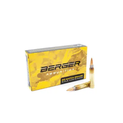 A box of Berger 223 77 OTM Ammo with cartridges by the side