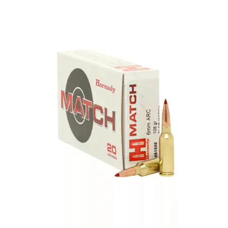 6mm ARC 108 ELD Match ammo and box, side view