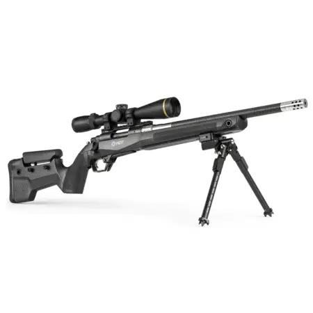A rifle mounted in a black CRBN Rifle Stock