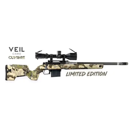 A rifle mounted in the limited edition Veil Cumbre camo CRBN Rifle Stock